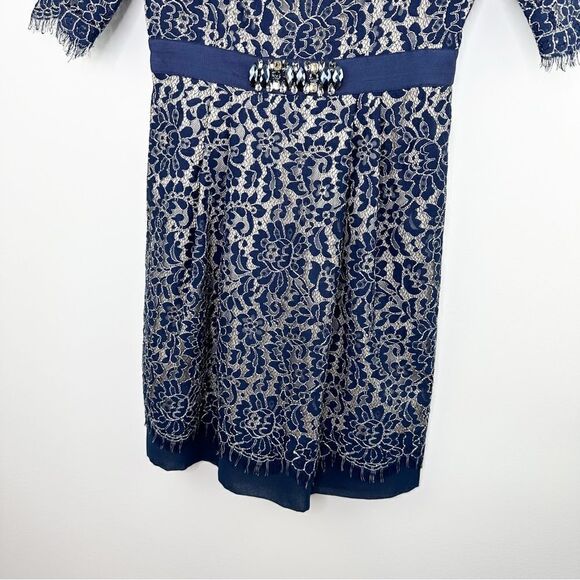 Eliza J | Navy Blue Fitted Lace-Overlay Dress Crystal Embellishment Open-Back 2P - Picture 4 of 14
